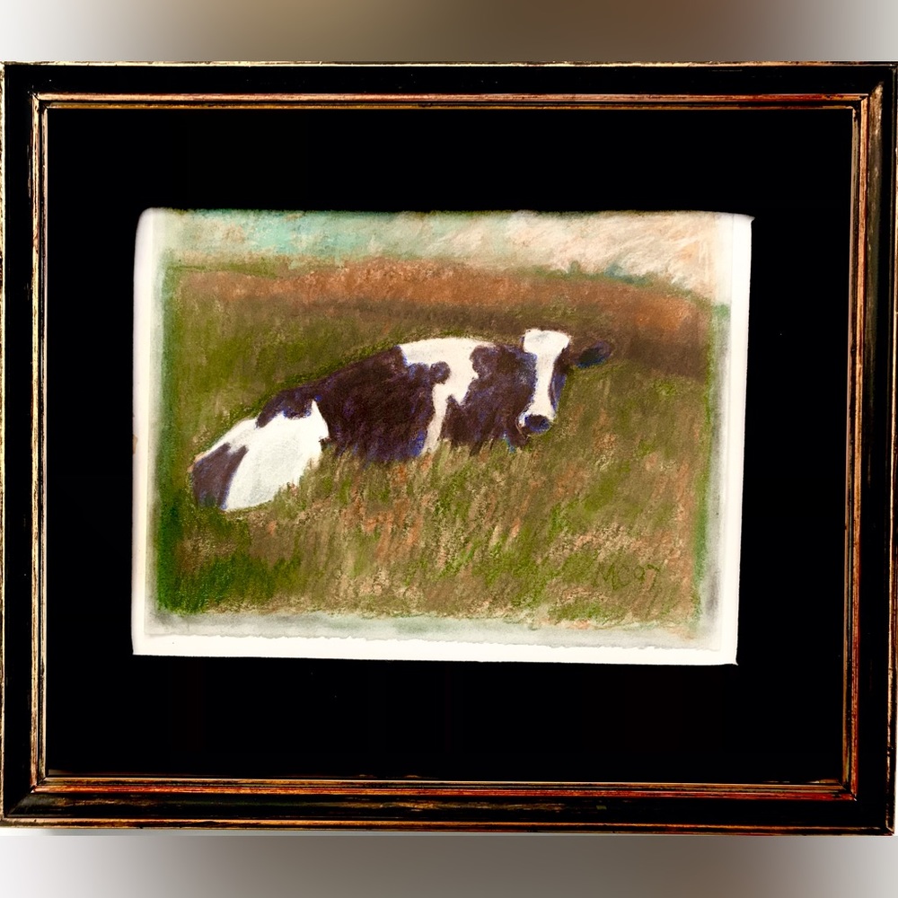 HOLSTEIN COW framed pastel drawing on handmade French paper